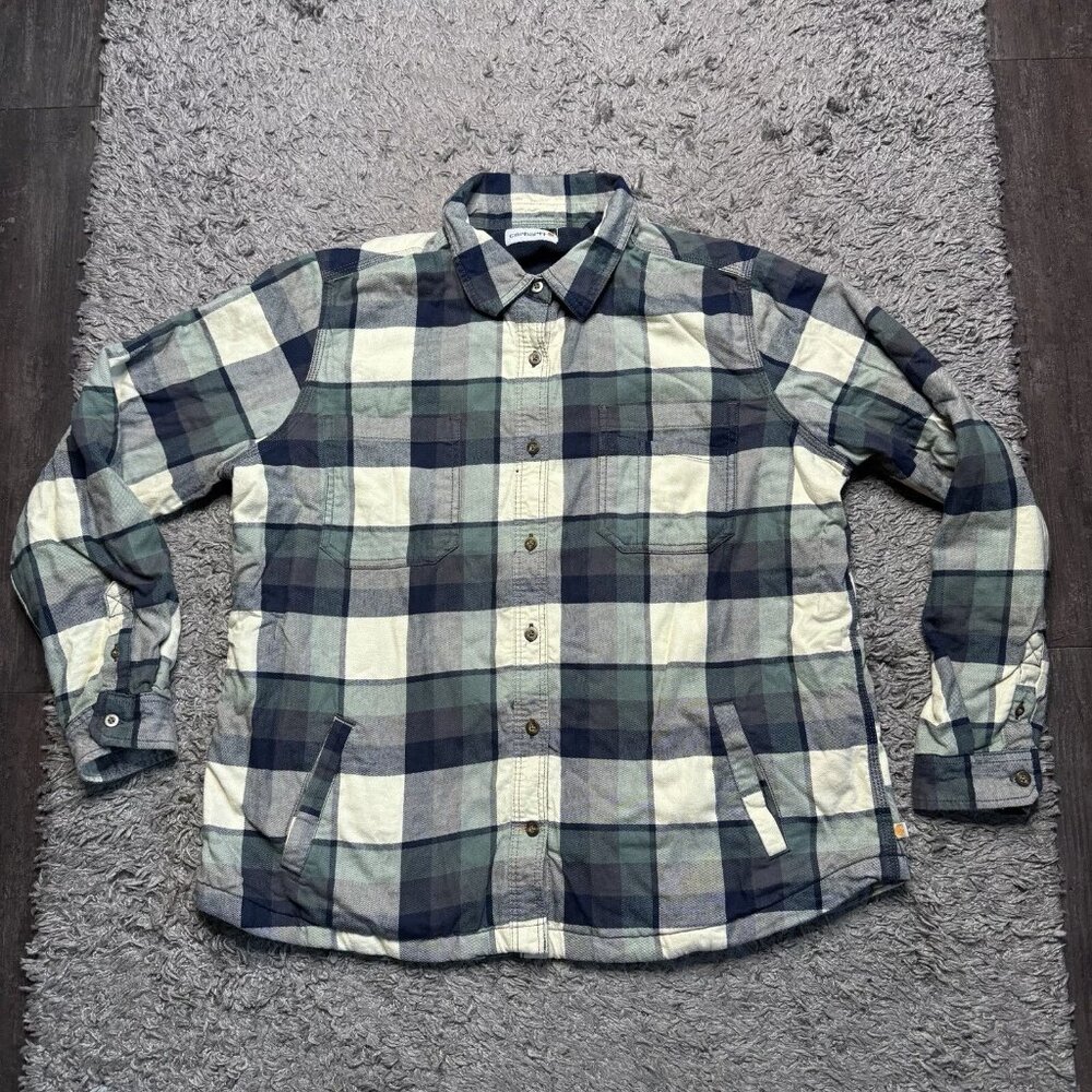 Carhartt Fleece Flannel Shirt Mens XL Blue Green Plaid Long Sleeve Button Up
